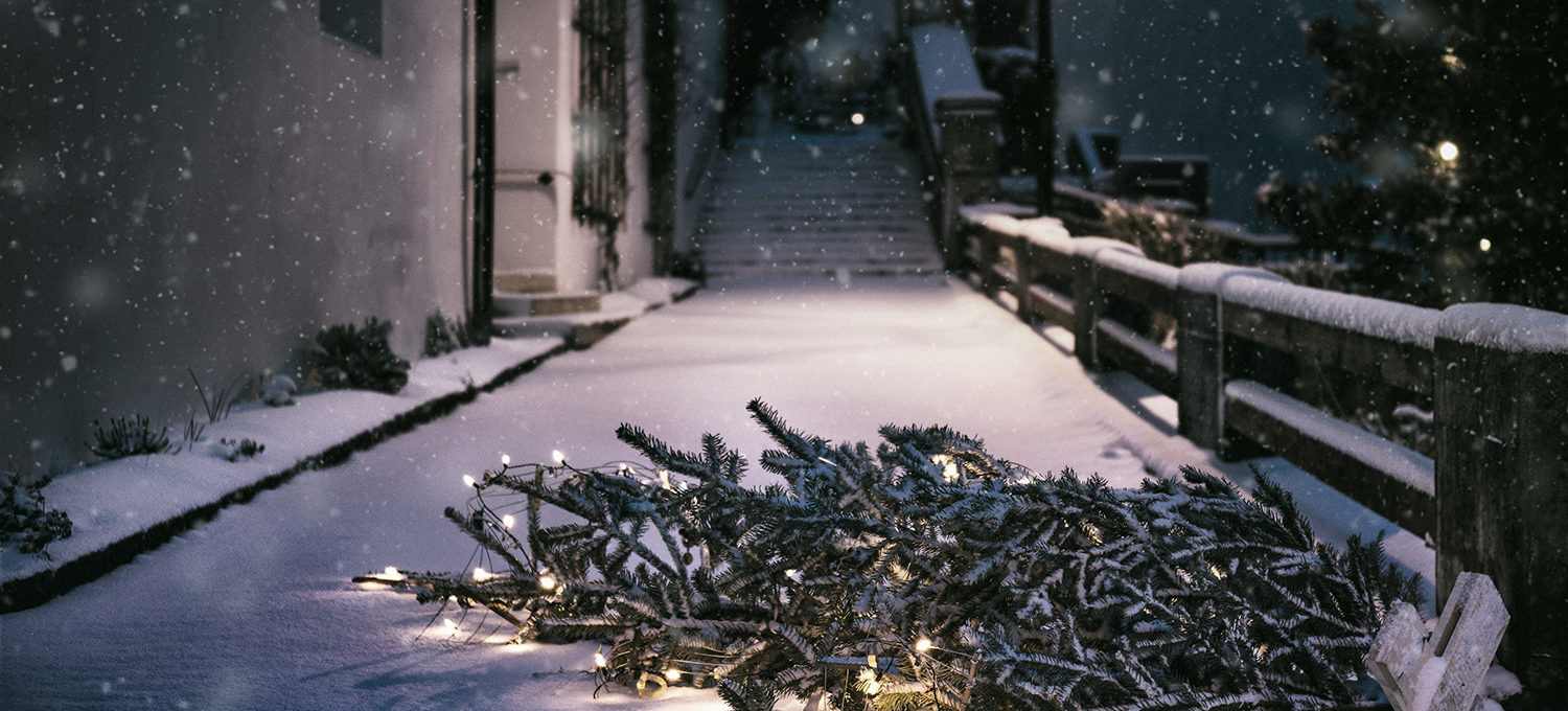 ein Weihnachtsbaum mit Lichtern auf der verschneiten Strasse liegend