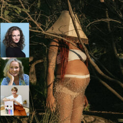 eine schwangere Frau steht in Unterwäsche, Strumpfhose und einem Lampenschirm über dem Kopf in einem Wald. plus ein Bilder von den 3 interviewten Frauen.