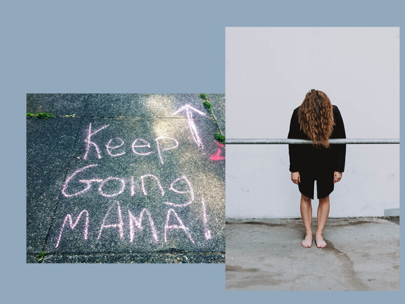 auf blauem Hintergrund ein Foto mit Kreide Keep Going Mama auf die Straße geschrieben und ein Foto einer Frau die sich die haare ins Gesicht fallen lässt
