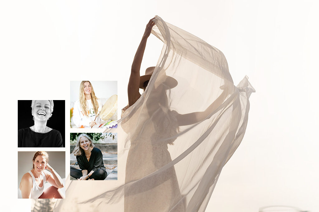 eine Frau mit einem wehenden Tuch im Hintergrund. Darauf Bilder von Marion Müller, Nicki Esser, Silja Mahlow und Christina Lobe