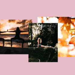 Collage aus Yoga Bildern und Herbst Blättern