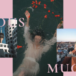 Collage aus 3 Bildern: düsseldorf, München und eine Frau die im Wasser taucht