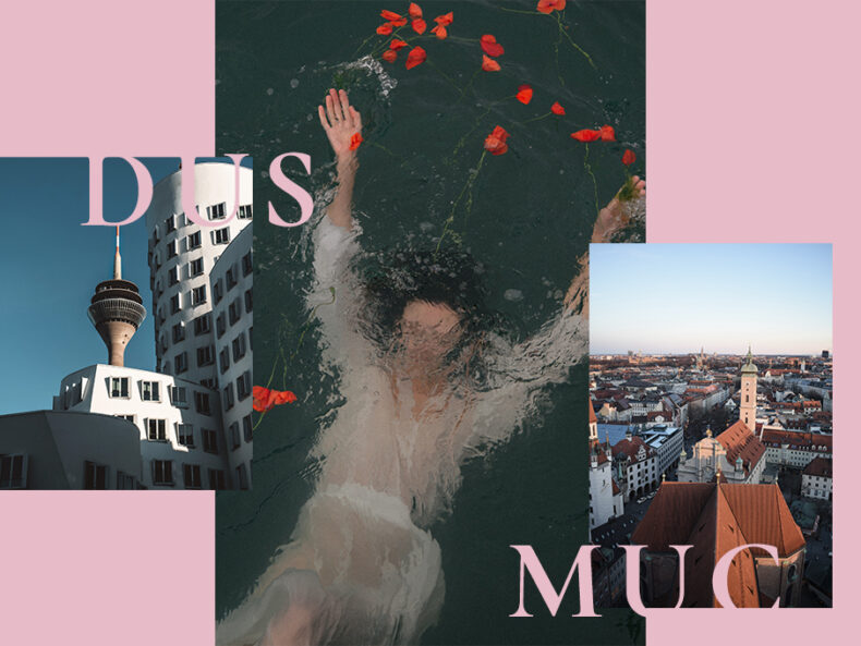 Collage aus 3 Bildern: düsseldorf, München und eine Frau die im Wasser taucht