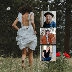 eine Frau in weissem Kleid auf rennt auf einer Wiese. ALs Collage Bilder von Renè Träger, Tatjana Reichert und Svenja Gräfen