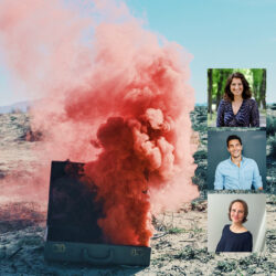 Koffer aus dem roter Rauch steigt. Portraits von Beata Korioth, Jochen Drachenberg und Dina Wittfoth