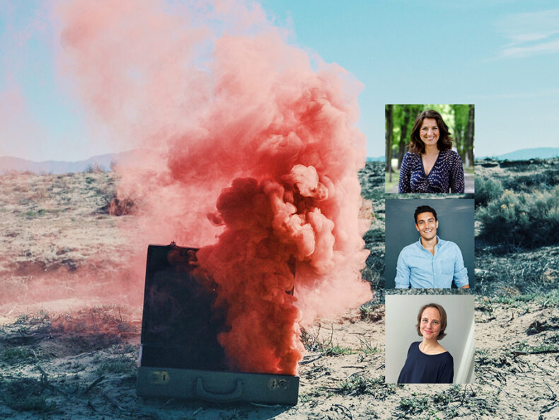 Koffer aus dem roter Rauch steigt. Portraits von Beata Korioth, Jochen Drachenberg und Dina Wittfoth