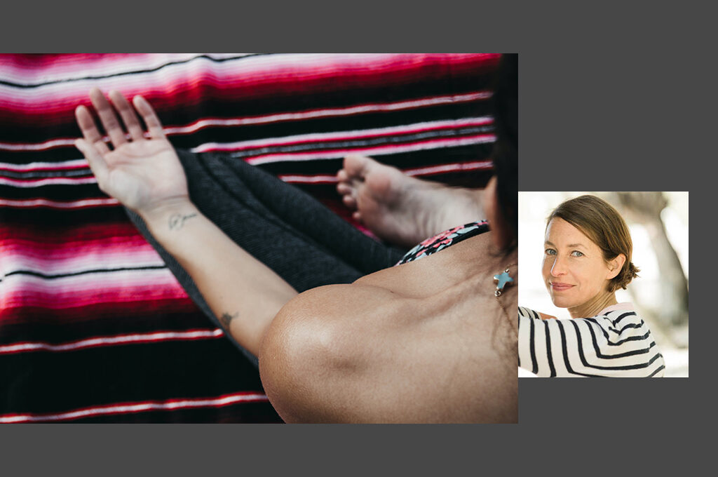 Portrait Catrin Meyer und Bild einer meditierenden Frau vor dunkelgrauem Hintergrund