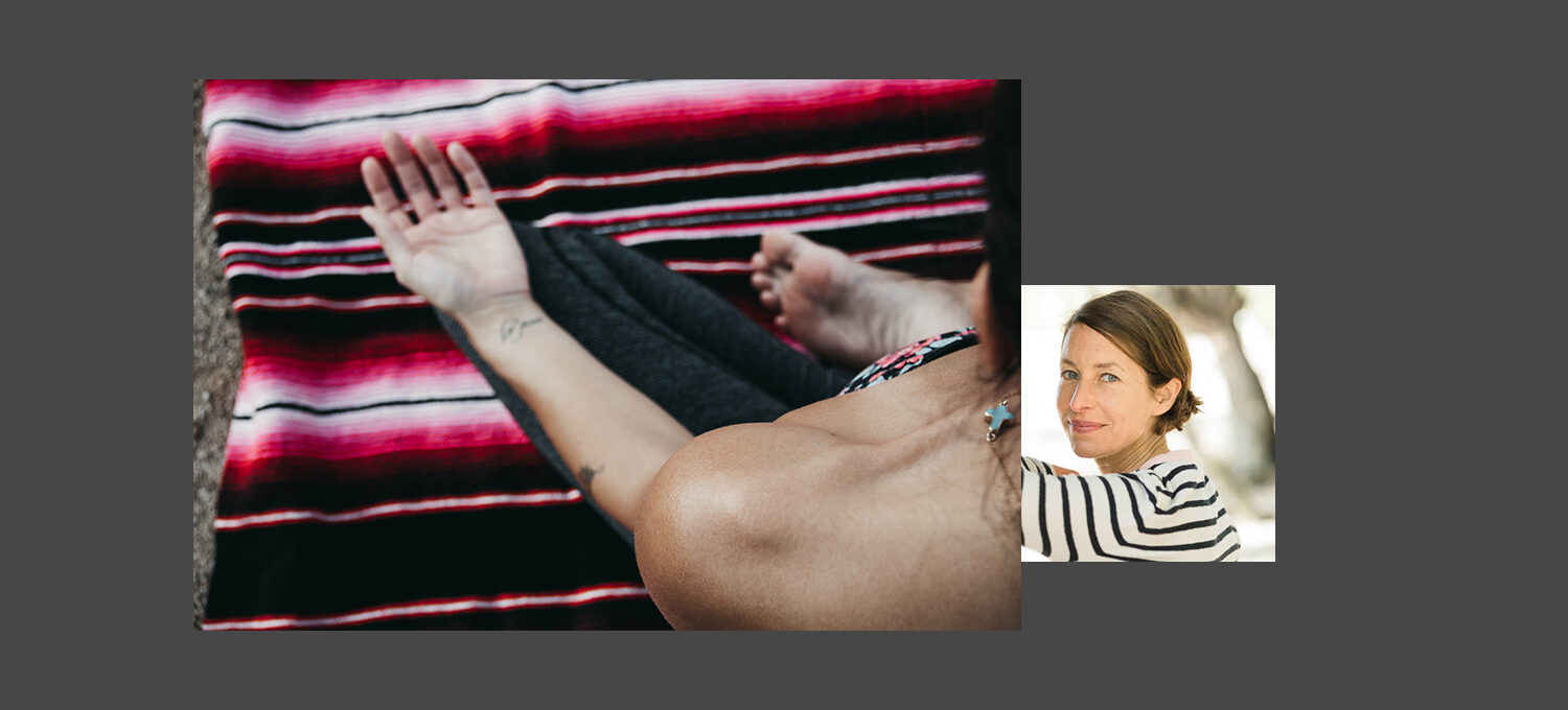 Portrait Catrin Meyer und Bild einer meditierenden Frau vor dunkelgrauem Hintergrund