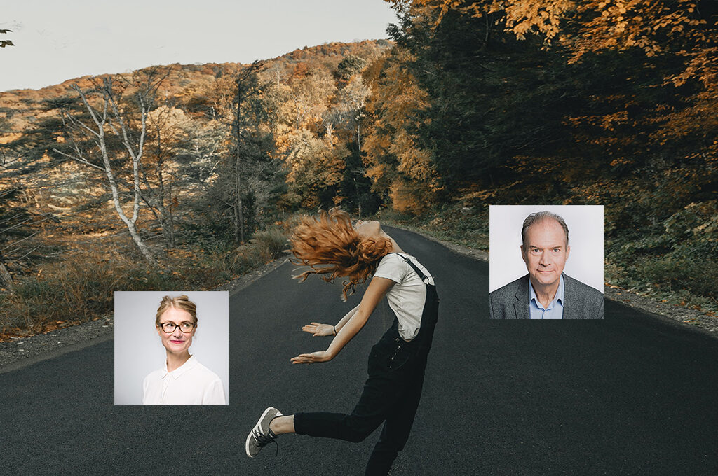 Portraits von Laura Ritthaler und Dr. Gerhard Huhn. Im Hintergrund eine Frau tanzend auf der Straße