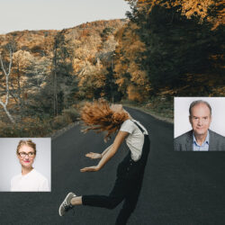 Portraits von Laura Ritthaler und Dr. Gerhard Huhn. Im Hintergrund eine Frau tanzend auf der Straße