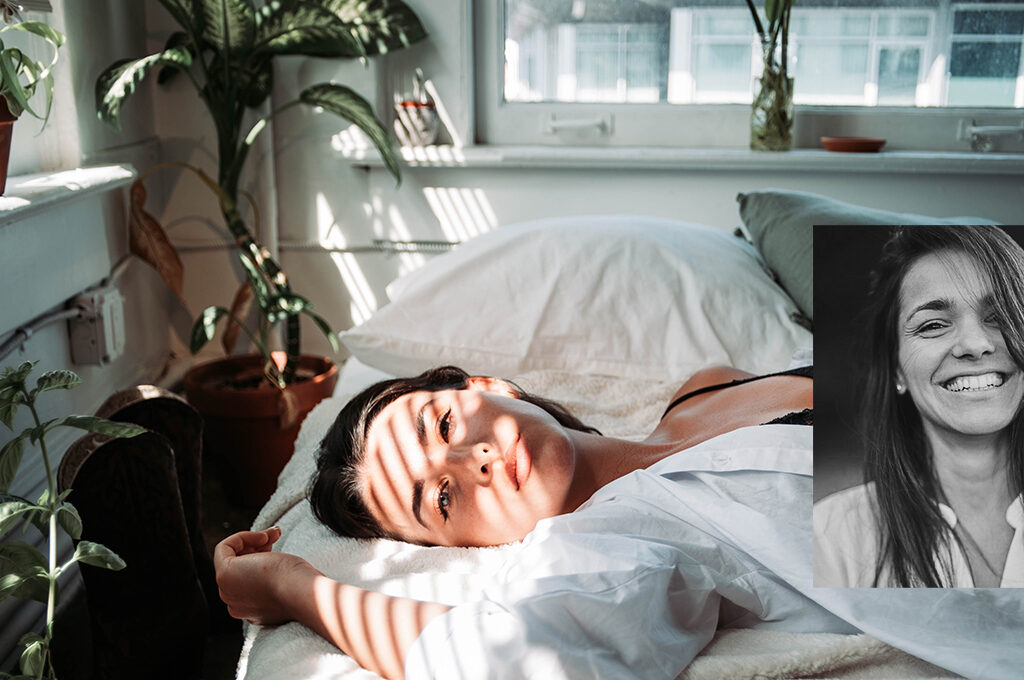 Portrait von Nadja Juric auf einem HG Bild mit Frau im Bett liegend