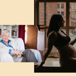 Portrait Claudia Haarmann und Foto einer lesenden Schwangeren Frau