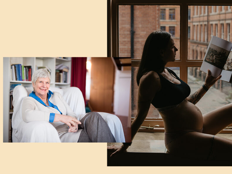 Portrait Claudia Haarmann und Foto einer lesenden Schwangeren Frau