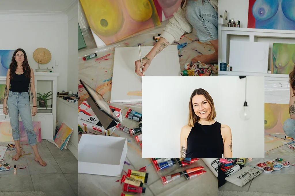 Sabela Garcia in ihrem Atelier ud ein Portrait von Anne Hehl