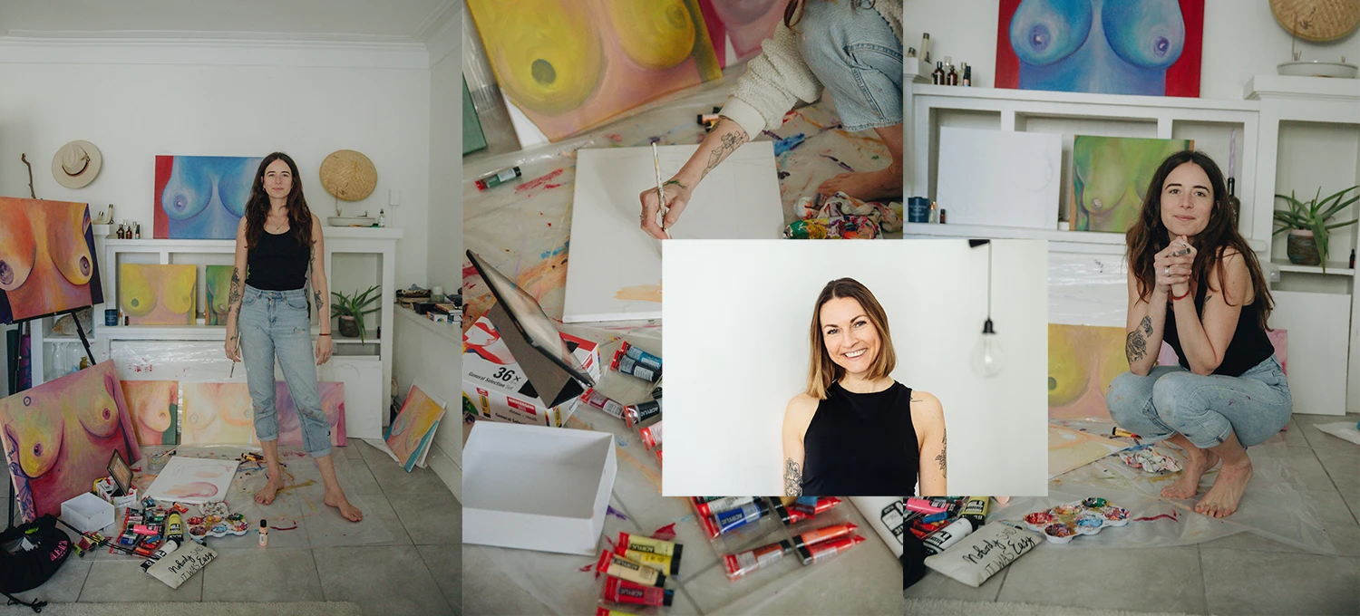 Sabela Garcia in ihrem Atelier ud ein Portrait von Anne Hehl
